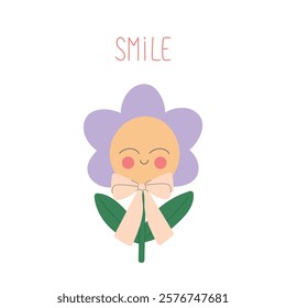 Positive self love card with smiling flower. Childrens design, for fabric, wrapping, textile, wallpaper