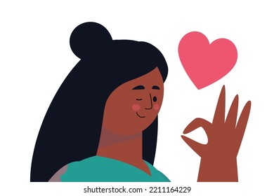 Positive Self Perception, Self Pride, Self Acceptance, Self Image. Vector Illustration In A Flat Style