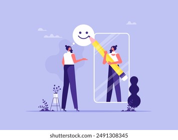 Positive self-image and confidence concept, self pride, self-acceptance, business woman looking in a mirror, esteem, positive self-perception, social role, individual psychology