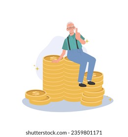 Positive Senior Lifestyle, Elderly man Gives Thumbs Up on Currency Stack. Flat vector cartoon illustration