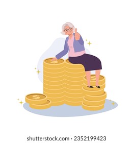 Positiva estilo de vida senior, anciana da palmaditas en la pila de monedas. Ilustración de dibujos animados de vector plano