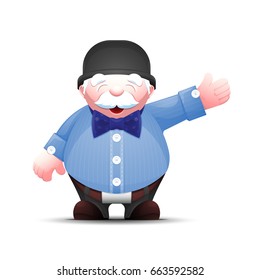Positive senior man points hand to the side. Elegant cartoon gentleman in bowler hat and bow tie. Vector illustration isolated on white.