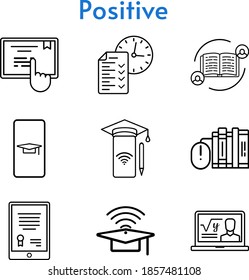 positive set. included feedback, student-smartphone, tablet, professor, smartphone, books, cap, test, touchscreen icons. linear styles.