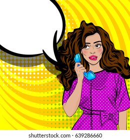 Positive Shame Oops Pop Art Brunette Jewish Woman Talk Hand Holding Retro Pop Art Phone. Comic Book Halftone Background. Vector Dot Illustration. Speech Bubble Text Advertisement