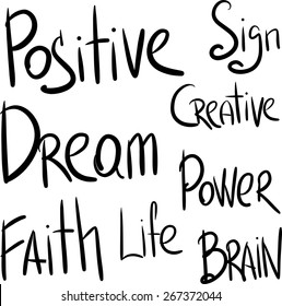 Positive, Sign, Dream, Creative, Power, Faith, Life, Brain hand lettering, vector
