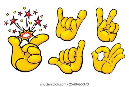 Positive signs set with fingers. Hard rock horns, peace or victory, easy, shaka, okay gestures. Vector cartoon templates on transparent background