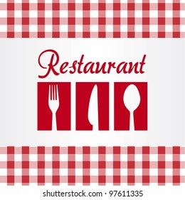 positive silhouettes of spoon, fork and knife in red checkered background