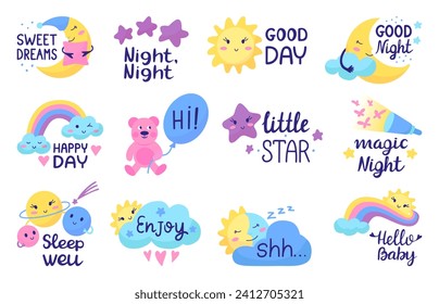 Positive sleep and morning kids lettering phrases. Isolated quotes with moon, sun and clouds. T-shirt prints templates, childish neoteric vector design