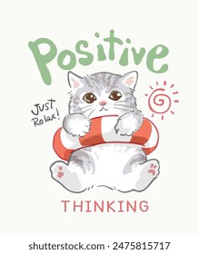 positive slogan with cartoon kitten in swim ring vector illustration 