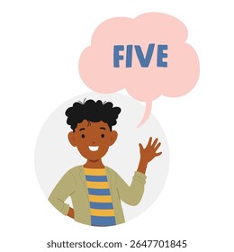 Personagem de desenho animado sorrindo menino positivo mostrando cinco dedos aprendendo números. Material educacional escolar ou de jardim de infância para ilustração vetorial infantil. Curtimento de estudo matemático e aritmético