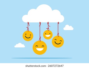 Positive  smiling face emoji hanging from white cloud. Employee happiness. Modern vector illustration in flat style.