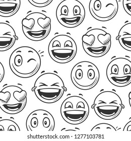 Positive smiling faces background, emoticons sketch line vector seamless pattern