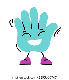 Carácter positivo y sonriente de la mano, emoticono aislado, o stickers para la comunicación y la charla. Cara con piernas y expresión facial sonriente. Personaje plano de dibujos animados, vector en estilos planos