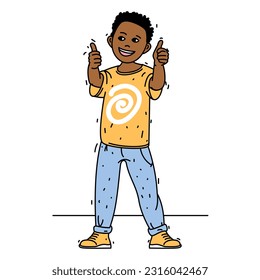 Positive smiling happy african american boy showing thumb up gesture. Colored flat vector illustration isolated on white background