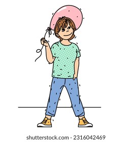 Positive smiling happy friendly boy standing with a pink air balloon. Colored flat vector illustration isolated on white background