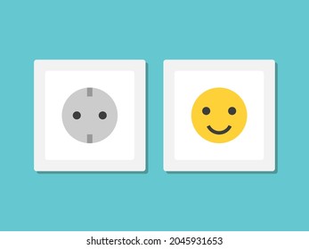 Positive smiling power plug socket and ordinary one. Optimism, joy, inspiration, attitude, motivation, mood and energy concept. Flat design. EPS 8 vector illustration, no transparency, no gradients