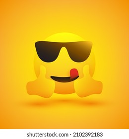 Positive, Smiling Satisfied Mouth Licking Hipster Emoji With Sunglasses Showing Double Thumbs Up On Yellow Background - Vector Symbol Design For Web And Instant Messaging Apps