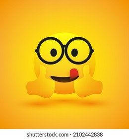 Positive, Smiling Satisfied Mouth Licking Nerd Emoji With Glasses Showing Double Thumbs Up On Yellow Background - Vector Symbol Design For Web And Instant Messaging Apps