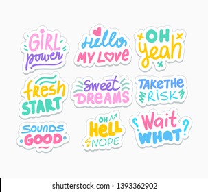 Positive social media stickers pack. Motivational and romantic sayings, phrases flat vector illustrations set. Greeting card, postcard typography. Girl power, sweet dreams, fresh start letterings