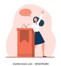 Positive speaker talking from tribune. Discussion, stage, candidate flat vector illustration. Public speech and politics concept for banner, website design or landing web page