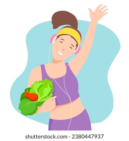 Positive sportswoman dances carefree keeps arm raised up listens music via headphones dressed in spotswear carries vegetables moves against blue background

