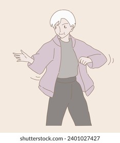 Positive sporty senior woman doing exercise. Elderly exercising. Old woman practicing Tai Chi, Taijiquan, Chinese martial arts. Hand drawn flat cartoon character vector illustration.