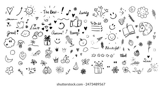 Positive stickers hand drawn doodle illustration set. Positive emotion expression linear objects on white background. Cute icons collection