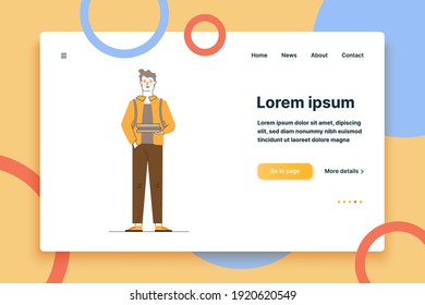 Positive student holding books. Cartoon male character wearing glasses and backpack flat vector illustration. Education, studying, learning concept for banner, website design or landing web page