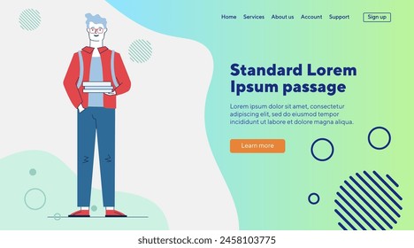 Positive student holding books. Cartoon male character wearing glasses and backpack flat vector illustration. Education, studying, learning concept for banner, website design or landing web page