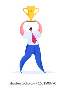 Positive successful businessman in formal wear keeping golden trophy in raised arms over head and smiling. Flat cartoon character vector illustration isolated on white background