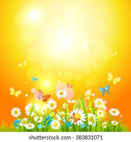 Positive summer backdrop with flowers and butterflies. Nature positive design for advertising, leaflet, cards, invitation and so on. Place for text.