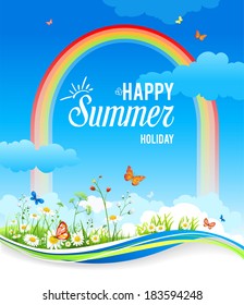 Positive summer background with rainbow, flowers and butterflies. Place for text