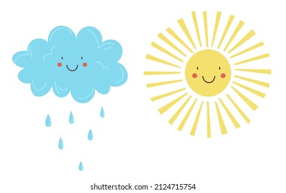 Positive sun and cloud vector illustration in flat style. Sticker sun and cloud emoticon. Weather icon isolated on white background