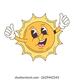 Positive sun mascot with joyful face and both hands showing thumbs up gesture. Energetic cartoon character expressing approval and happiness. Perfect for summer and kids projects. Vector illustration
