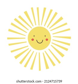 Positive sun vector illustration in flat style. Sticker sun emoticon. Sun icon isolated on white background.