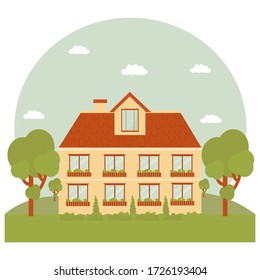 Composición positiva y soleada con fuente de construcción, casa, árboles e ilustración vectorial de la naturaleza. Paisaje del país, residente. Fachada con ventanas, puerta, techo.