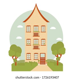 Composición positiva y soleada con fuente de construcción, casa, árboles e ilustración vectorial de la naturaleza. Paisaje del país, residente. Fachada con ventanas, puerta, techo.