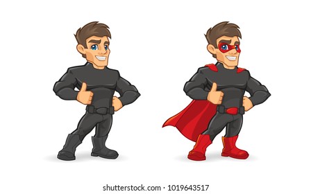 Positive super hero or master hero in a black suit with mask and cloack with the thumbs-up. Vector illustration on a white background.