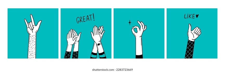 Señales de mano de apoyo positivas. Mano de garabato aplaudiendo, bien y como signo. Comunidad de medios sociales, elementos gráficos vectores de caridad