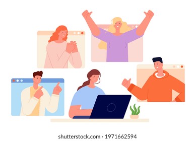 Positive support. Woman work online, good gestures from friends. Happy social media, successful job project. Joyful freelance utter vector concept