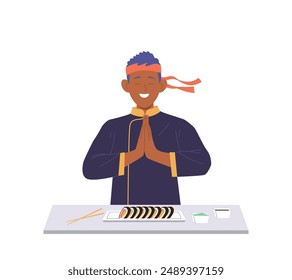 Positive sushi master cartoon male character serving table for clients meeting quests with smile