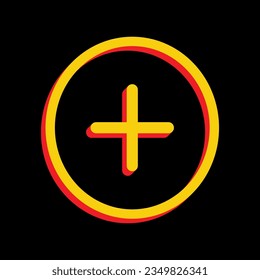 Positive symbol plus sign. 3D Extruded Yellow Icon with Red Sides a Black background. Illustration.