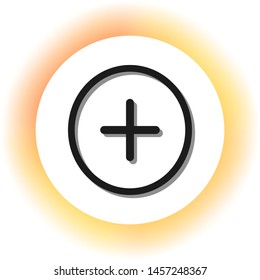 Positive symbol plus sign. Dark icon with shadow on the glowing circle button. Illustration.