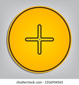 Positive symbol plus sign. Flat orange icon with overlapping linear black icon with gray shadow at whitish background. Illustration.
