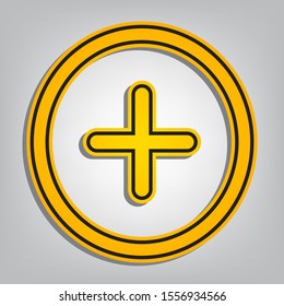 Positive symbol plus sign. Flat orange icon with overlapping linear black icon with gray shadow at whitish background. Illustration.