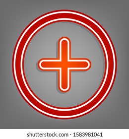 Positive symbol plus sign. Flat red icon with linear white icon with gray shadow at grayish background. Illustration.