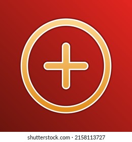 Positive symbol plus sign. Golden gradient Icon with contours on redish Background. Illustration.