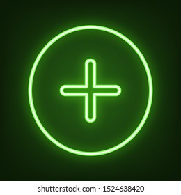 Positive symbol plus sign. Green neon icon in the dark. Blurred lightening. Illustration.