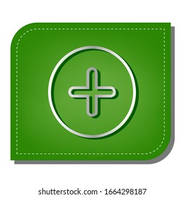 Positive symbol plus sign. Silver gradient line icon with dark green shadow at ecological patched green leaf. Illustration.