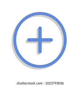 Positive symbol plus sign. Vector. Neon blue icon with cyclamen polka dots pattern with light gray shadow on white background. Isolated.